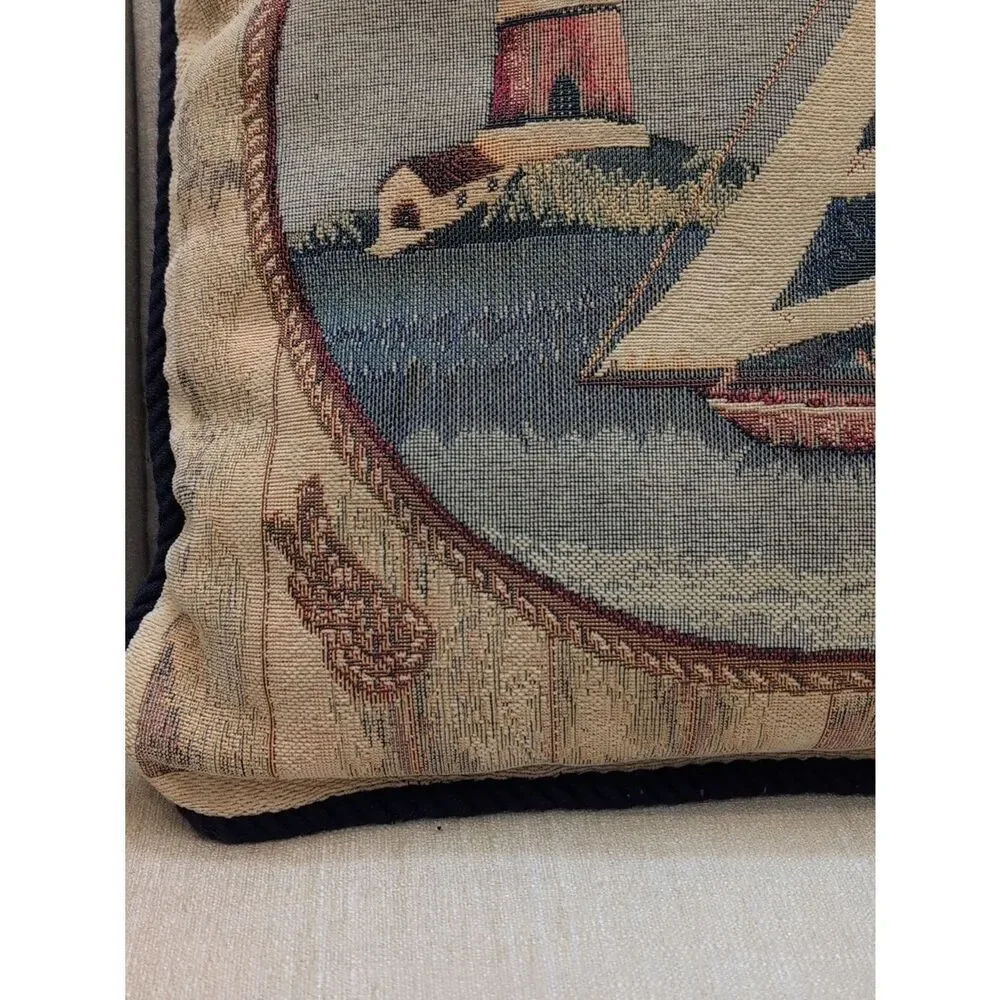 Nautical Tapestry Accent Pillow Vintage Lighthouse Sailboat Decor